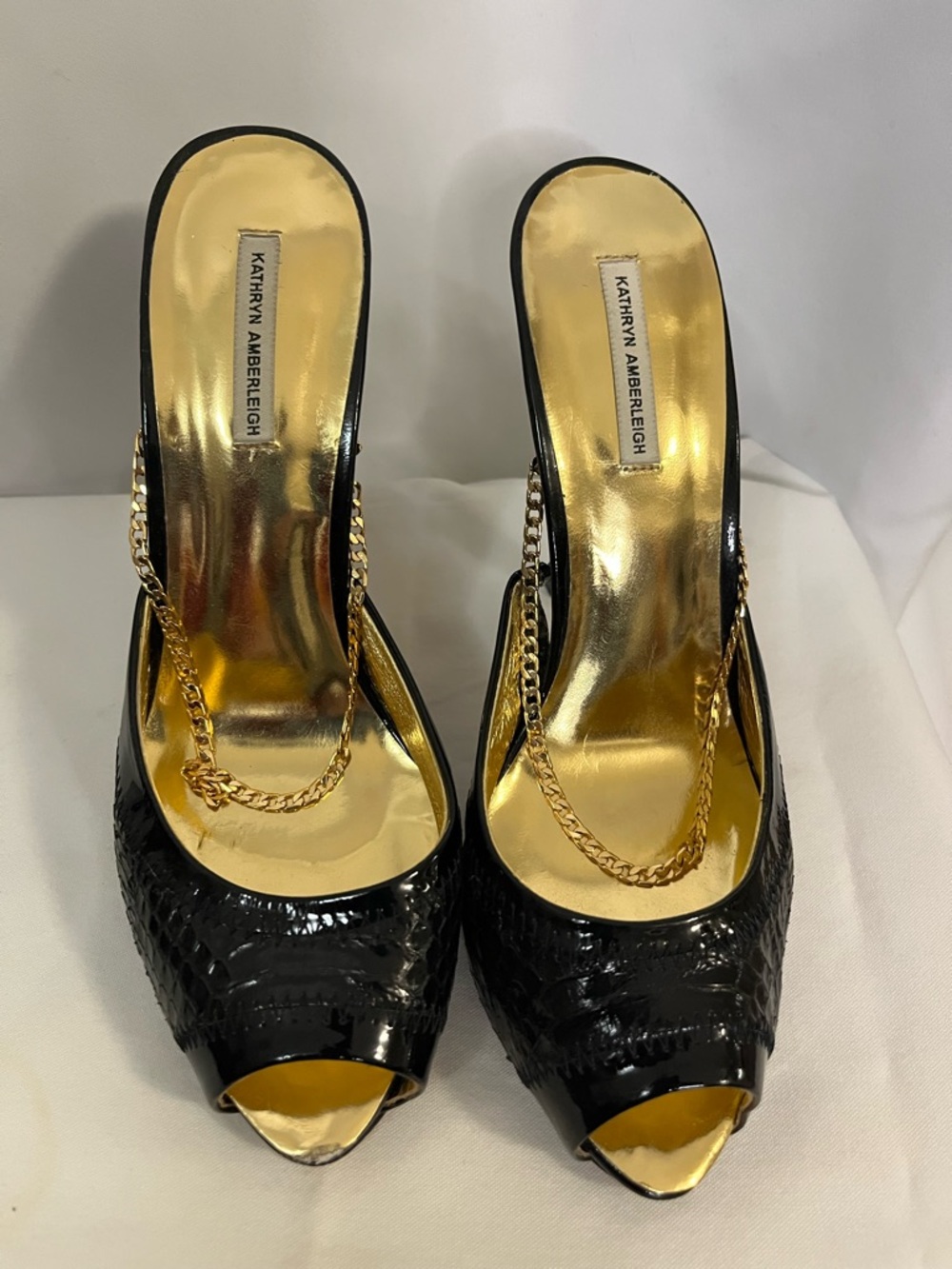 Kathryn Amberleigh Black & Gold Peep-Toe Chain Mules